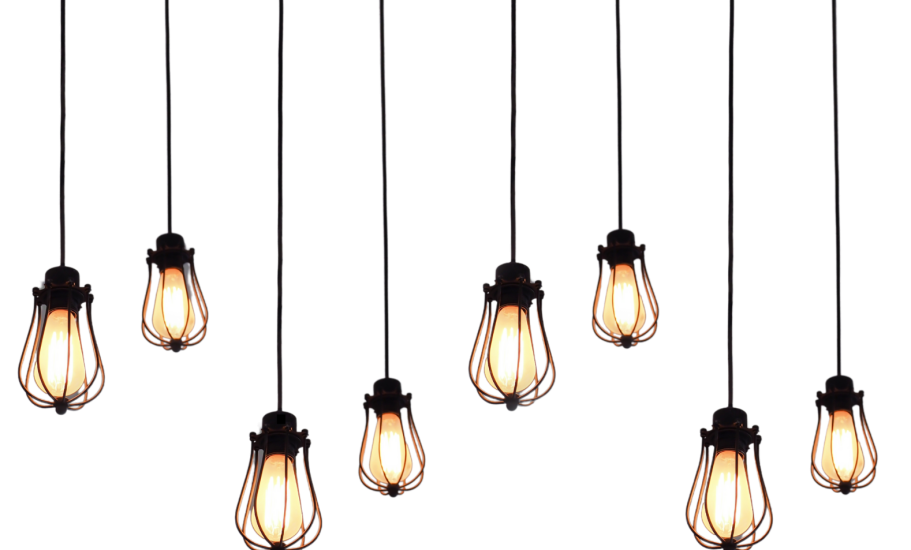 Hanging pendant lights with exposed bulbs in a modern arrangement.